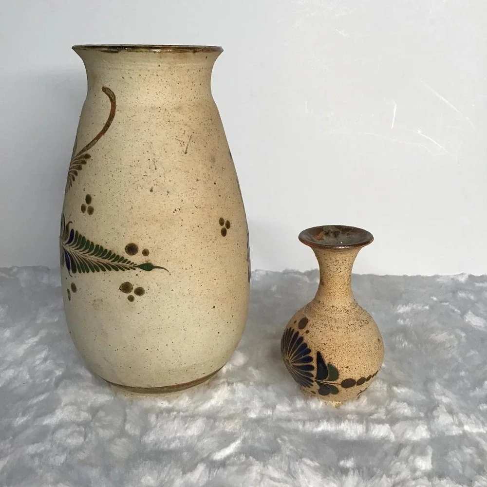 Vintage Tonala Mexican Pottery Owl Vase Set Hand Painted Folk Art Signed Western